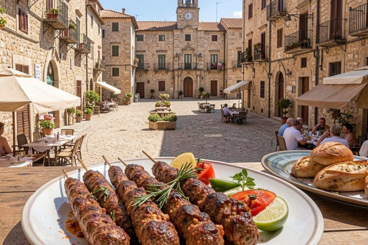 Piatto tipico della cucina di Vasto, come gli arrosticini o un piatto di spaghetti alla chitarra, includi il centro storico di Vasto