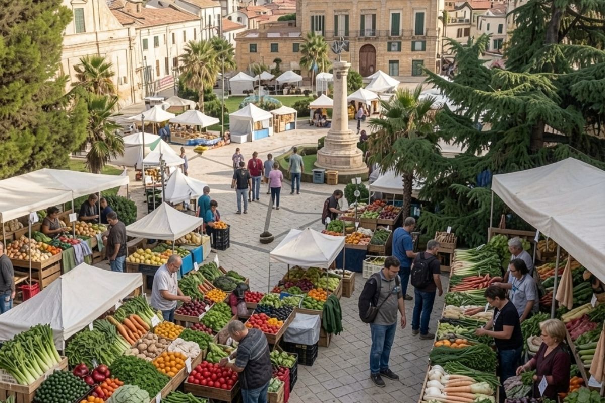 Mercato di Vasto con prodotti locali freschi, include elementi storici della città