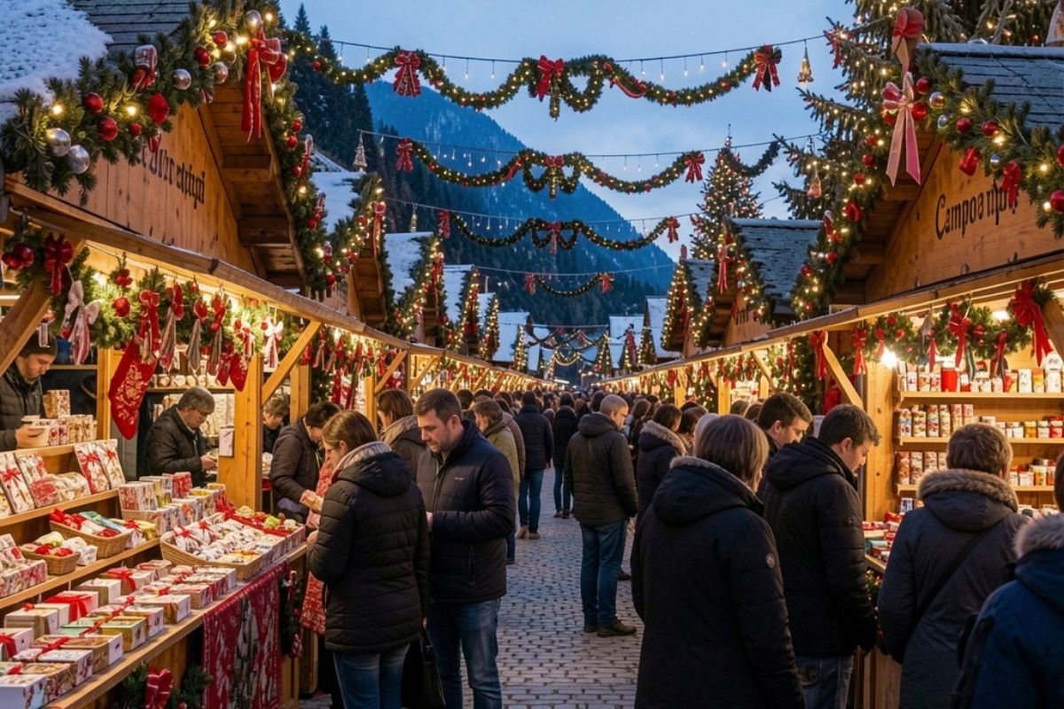 Mercatini di Natale a Campo Imperatore con decorazioni festive