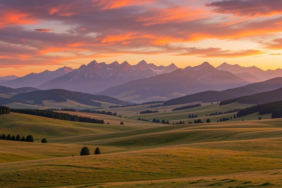 Campo Imperatore al tramonto, con cime montuose sullo sfondo