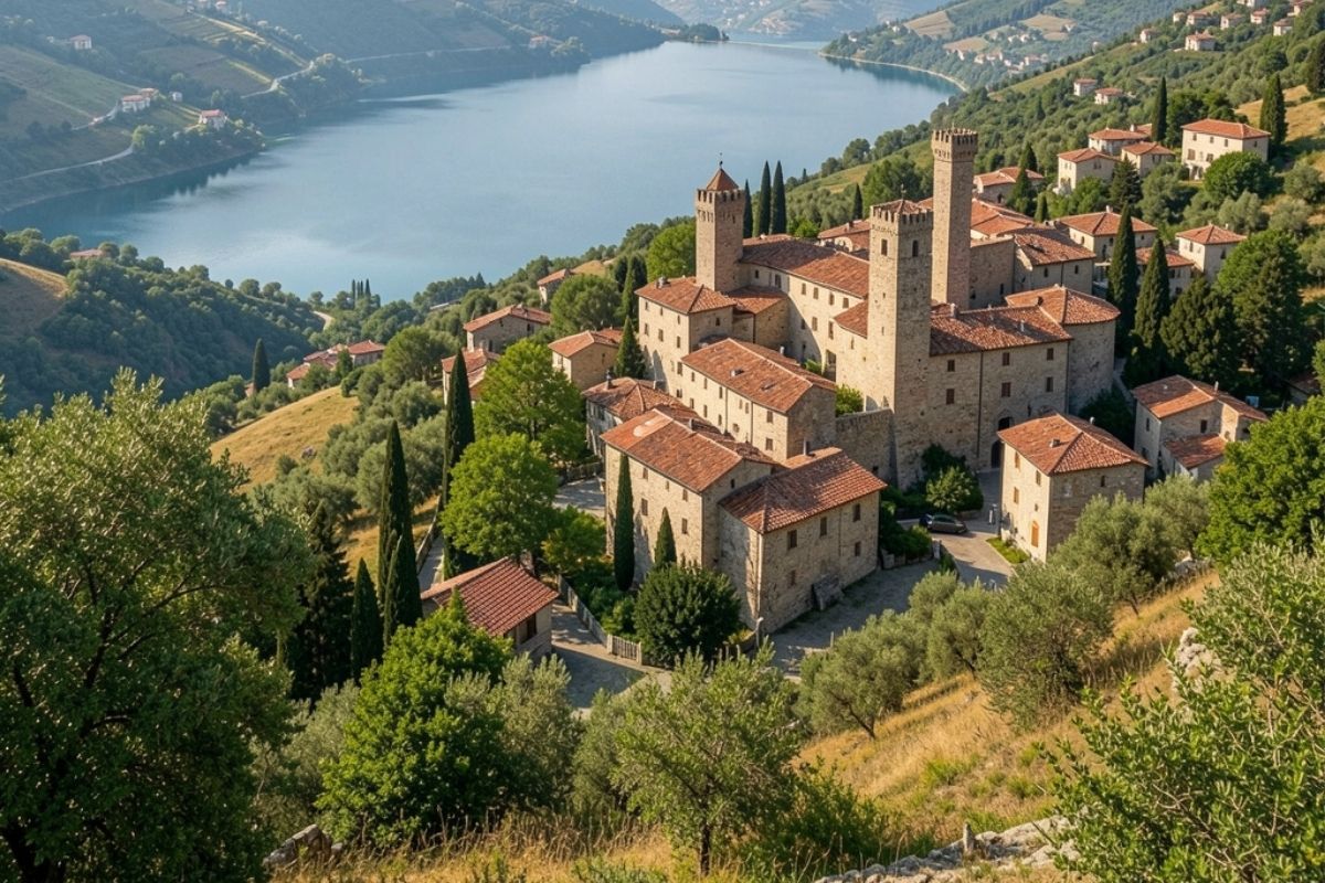 Panorama di Scanno con il lago glaciale sullo sfondo, evidenziando le tradizioni culturali e il borgo medievale