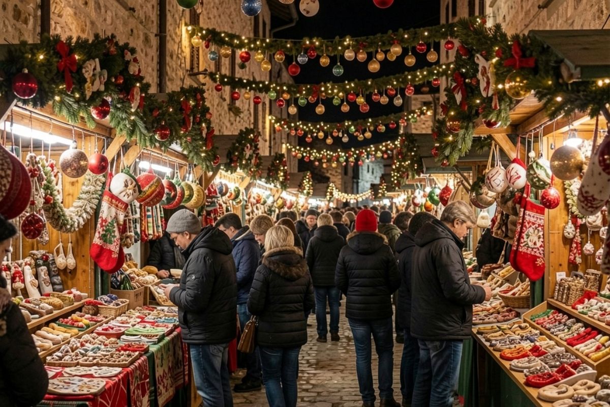 Mercatini di Natale a Scanno, con decorazioni natalizie e atmosfera festiva