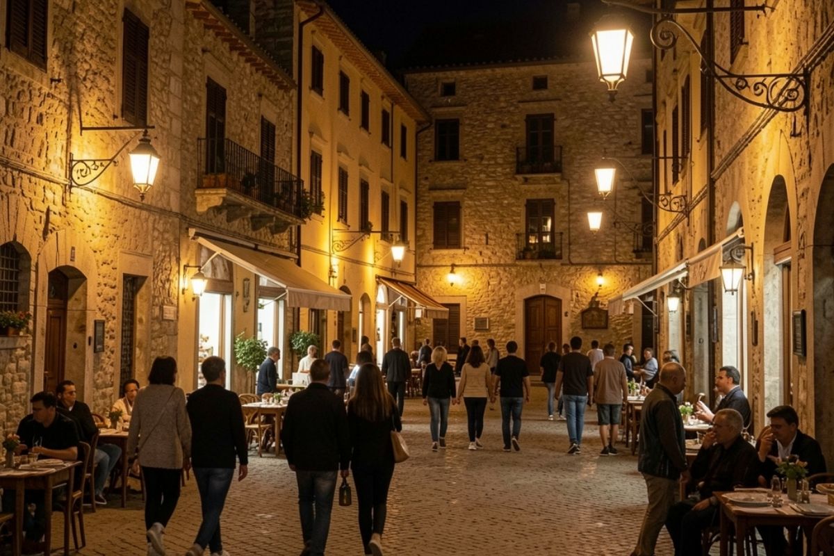 Vista serale di Scanno illuminata, rappresentativa della vita notturna del borgo