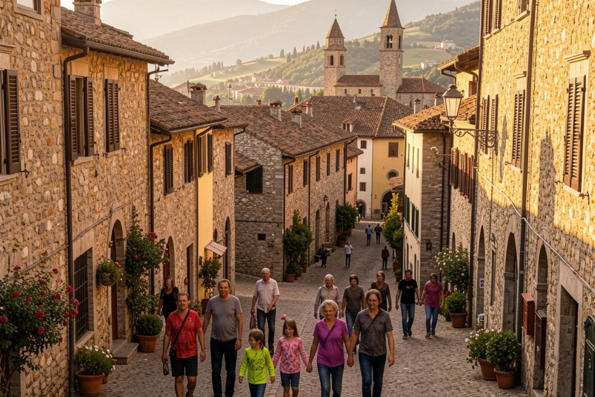Vista panoramica di Sulmona con famiglie che esplorano il centro storico