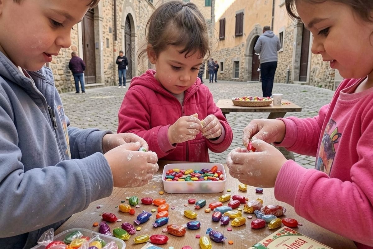 Bambini che partecipano a un laboratorio di confetti a Sulmona